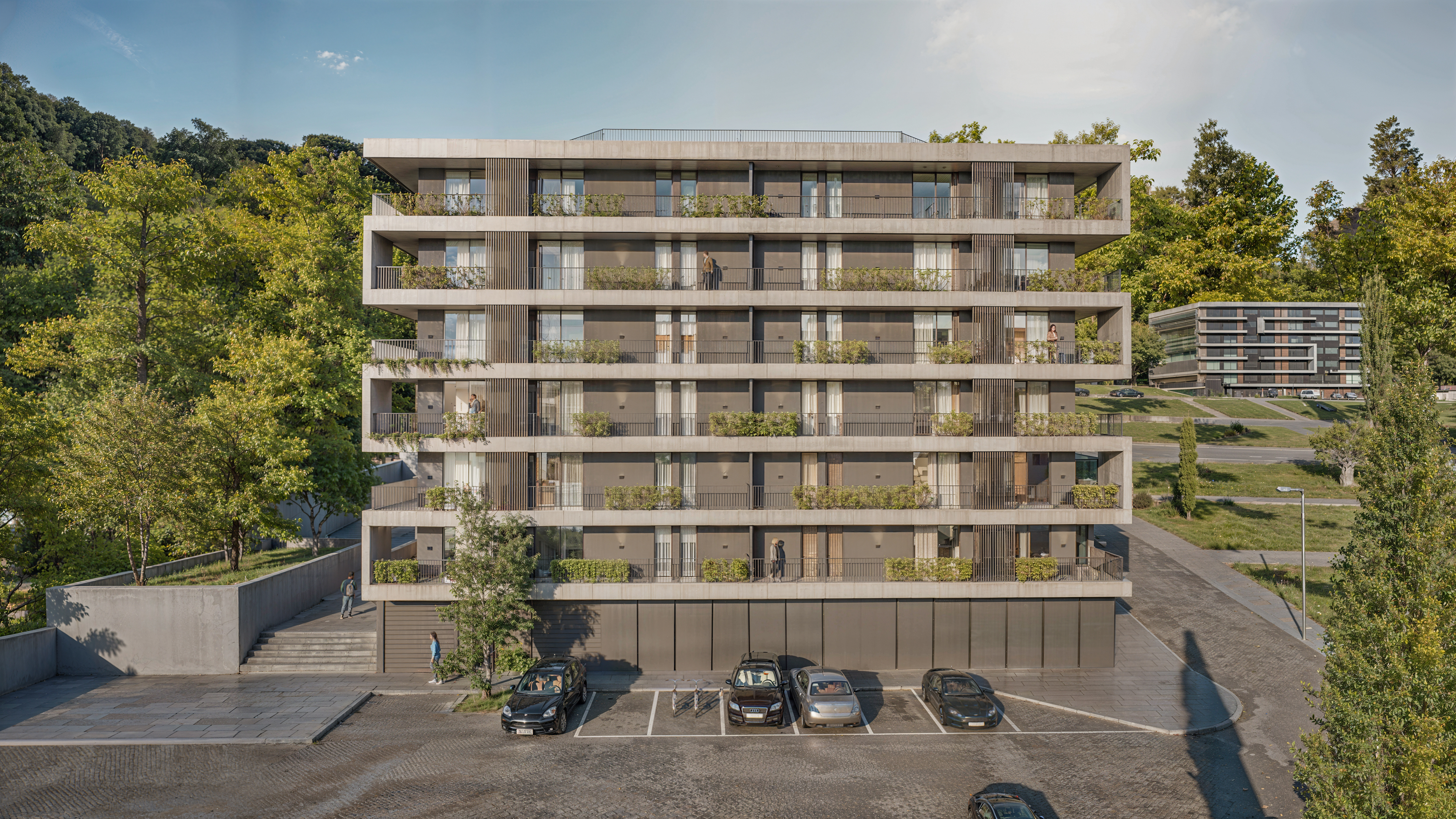 Exterior do edificio Green Hills rodeado de vegetacao